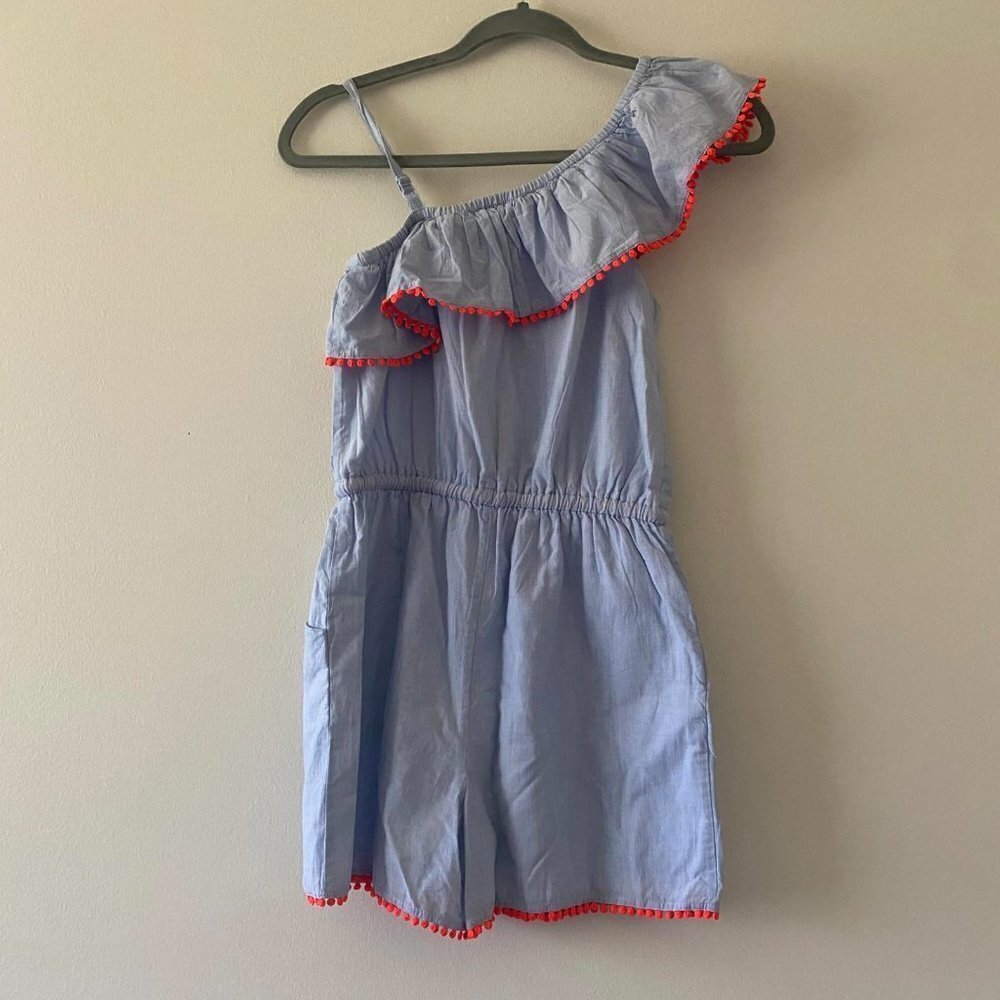 MINI BODEN girls blue and white pom pom romper. Cotton. EUC! - Picture 8 of 8